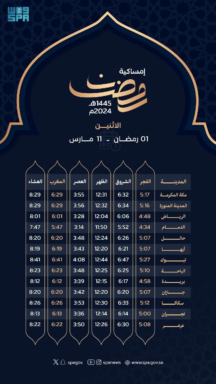 اوقات الصلاة في المدينة المنورة رمضان